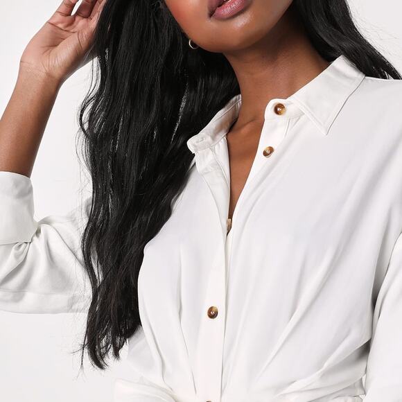 NWOT Lulus Charming Confidence White Collared Button-Up Mini Dress Tie Waist L - Picture 3 of 9